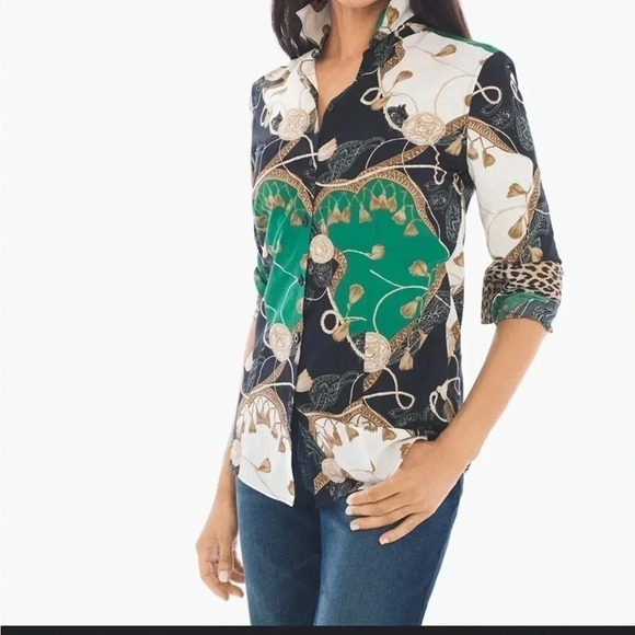 Chicos No-Iron Chic Status Shirt Effortless Size 0 US Small Print Long Sleeve(a2 - Picture 1 of 8